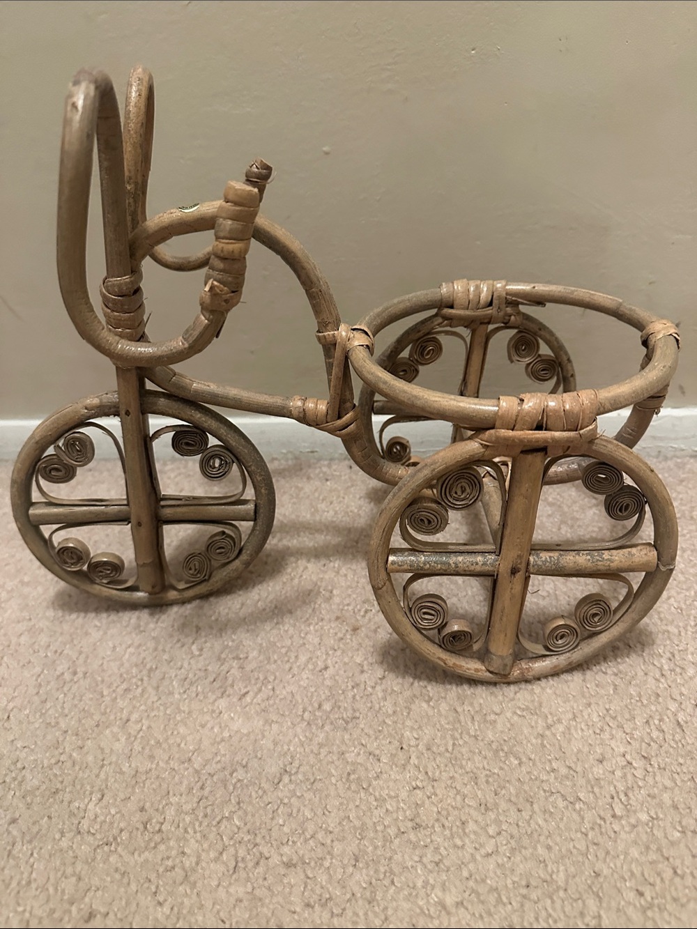 vintage bamboo and rattan tricycle-shaped plant stand